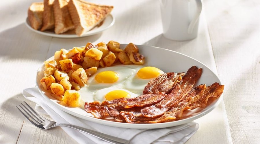 5 strips of premium bacon, three eggs, and home fries served with thick toast.