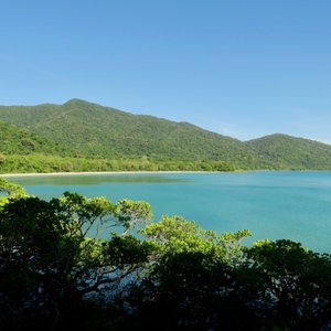 Cape Tribulation Beach with the Sanctuary house at centre frame