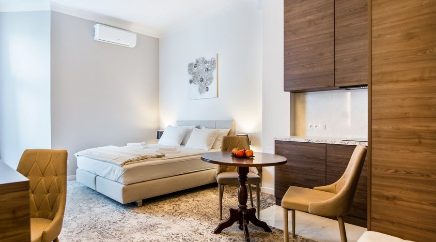 Studio Apartment - double bed with a equipped kichinette, 30 m2 spacy apartment with AC, flat-screen TV, fridge and balcony. 