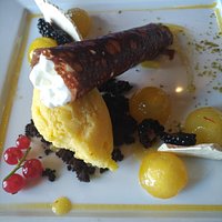 chocolate ’Cannolo” with spume of Ricotta & pears-saffron-sorbet