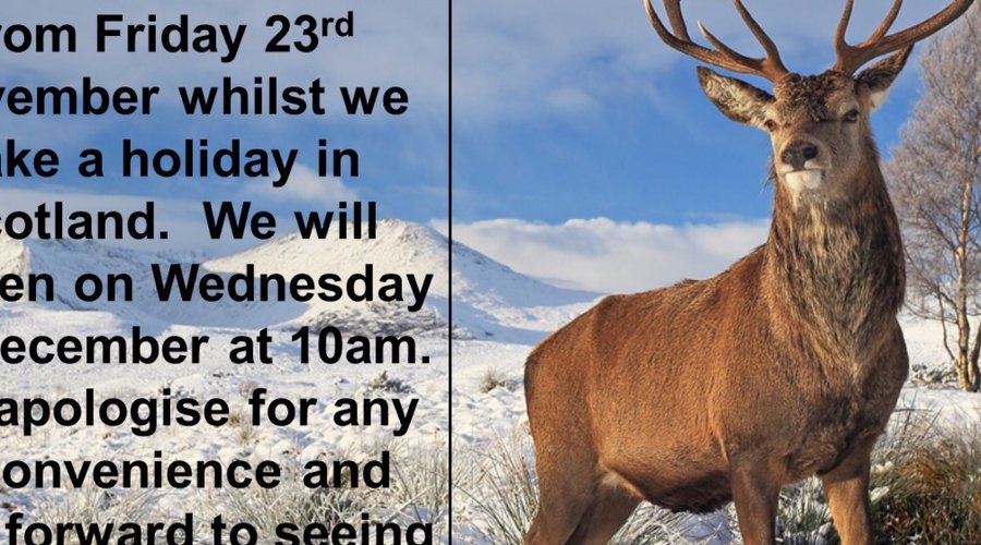 Please note the café will be closed from Friday 23rd November whilst we take a holiday. We will reopen on Wednesday 5th November and look forward to seeing you then. Thanks Suzi & Mike 😊
