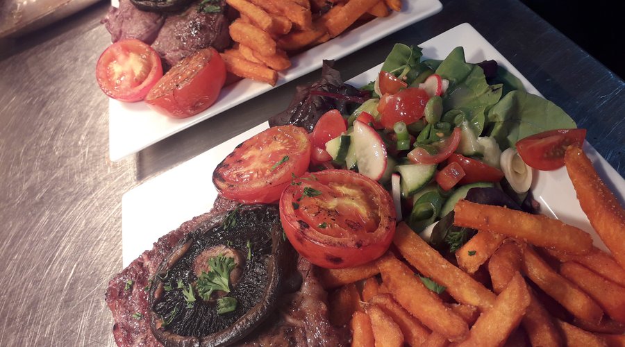 Rump Steak with all the trimmings and Sweet Potato Fries