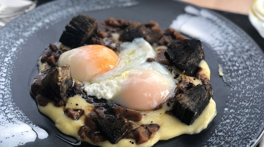 Del corral sus huevos, las setas del campo y carbones de yuca.