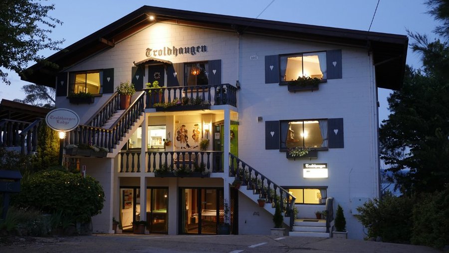Front facade of lodge.