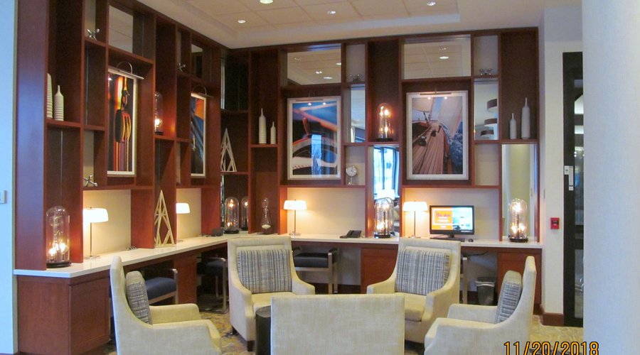 Lobby area with business center computer in the background.