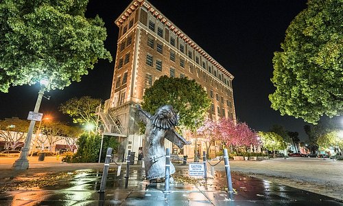 From the Town Plaza between the Historic Hotel and the Arclight theater, with the famous Dancing Lion fountain statue 