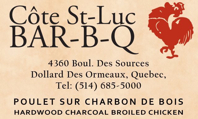 Since 1953, Rotisserie Cote St. Luc Bar-B-Q has been charcoal grilling chicken to perfection. We are one of the few restaurants in Montreal, and the West Island, that offers maple char-grilled chicken carefully roasted in our authentic brick ovens.