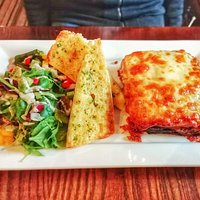 Lasagne with garlic bread etc