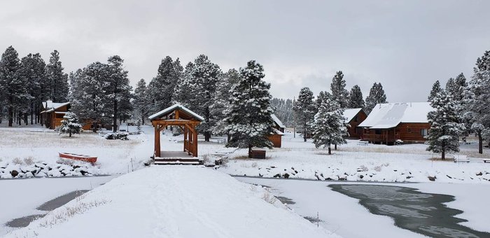 snowy mountain lodge
