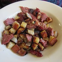 Hash-large chunks of corned beef, home fries, and onions.