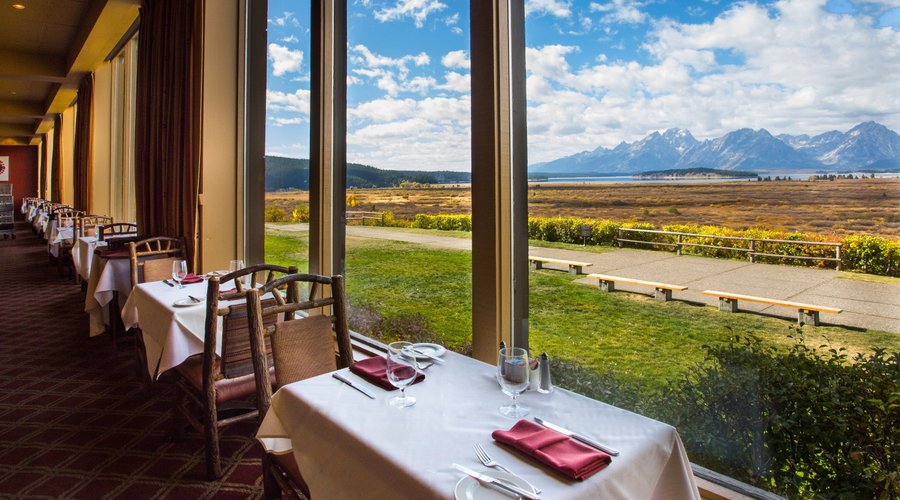 Every table features panoramic views of the Teton Mountain Range and the Willow Flats.