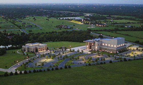 Aerial view of Armstrong Auditorium and the Herbert W. Armstrong College campus in Edmond, Okla.