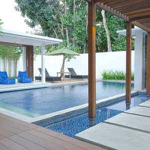 Path to Master Bedroom, Pool, Gazebo with bean bags. 
