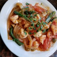 Camarones (shrimp) Rancheros, we substituted a salad for the beans and rive.