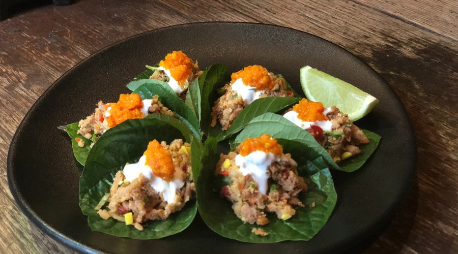 Duck Betel leaf, roasted peanut & cashews, Balinese sambal, coconut cream, crispy shallots