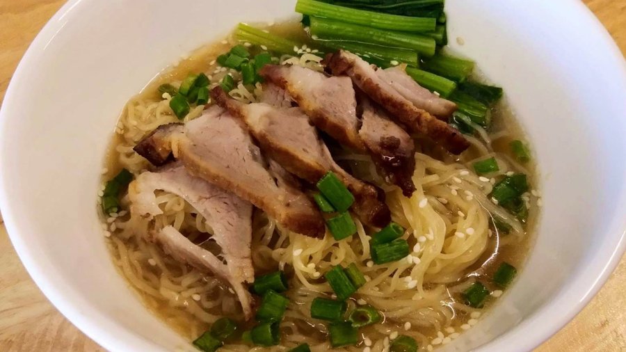 Shoyu Noodle: BBQ pork with noodle and shoyu Soup, topped with sesame and scallion and cantonese.