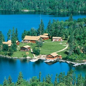 View of lodge and Delaney Lake from bluff you can hike up