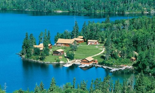 View of lodge and Delaney Lake from bluff you can hike up
