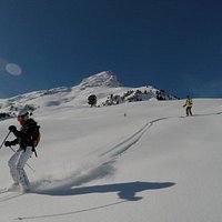Me and my dad skiing, this was the first time I had ever done something like this.. being in the avalanche backpack and making fresh tracks down the whole slop