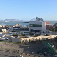 The DLR Lexicon as seen from Royal Marine Hotel... Dublin bay in the background