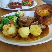 Roast lamb with wonderful spuds/kale/carrots/peas and cheesy broccoli....lots of gravy! Oh...and a lovely Yorkie pud!