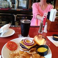 Burger with housemaid chips and a peanut butter/Chocolate Stout, Great service from Ashley at the bar