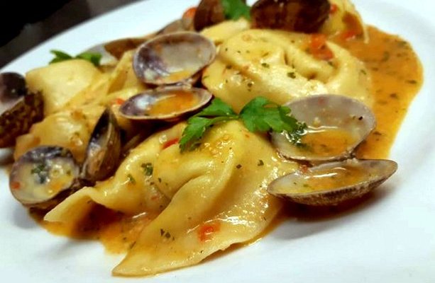 Homemade ravioli with seafood