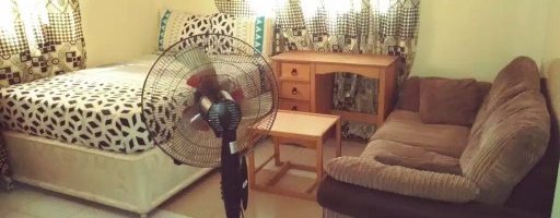 sofas seat, ceiling fan and an extra stand fan with tea table and work table