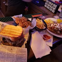 Large portions here. Patty melt, onion strings and chicken gyro.