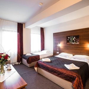 Dwa Potoki in Karpacz, image may contain: Interior Design, Indoors, Bed, Furniture