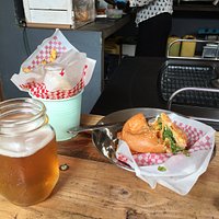 Hot and spicy chicken sandwich with lettuce, tomato and onions, freshly made french fries - yes they actually do all the cutting of the potatoes and prepping themselves, absolutely fantastic meal!!! They also have wonderful choices of beer, micro and Ecuadorian.