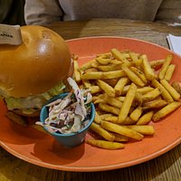 Bean & beetroot burger with fries