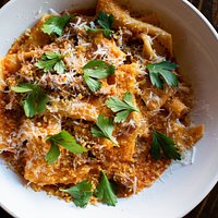 Maltagliati~ Homemade pasta, Local Wagyu Osso Bucco, Sam Marzano Tomato, Parmesan Reggiano, Gremolata Breadcrumb