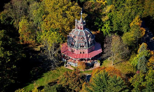 Aerial view of The Armour-Stiner Octagon House, Irvington, NY