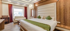 Treebo Trend GK Residency in Dehradun, image may contain: Interior Design, Indoors, Wood, Couch