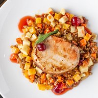 Berkshire Pork Loin, Root Vegetables, Sweet & Sour Cranberry Sauce