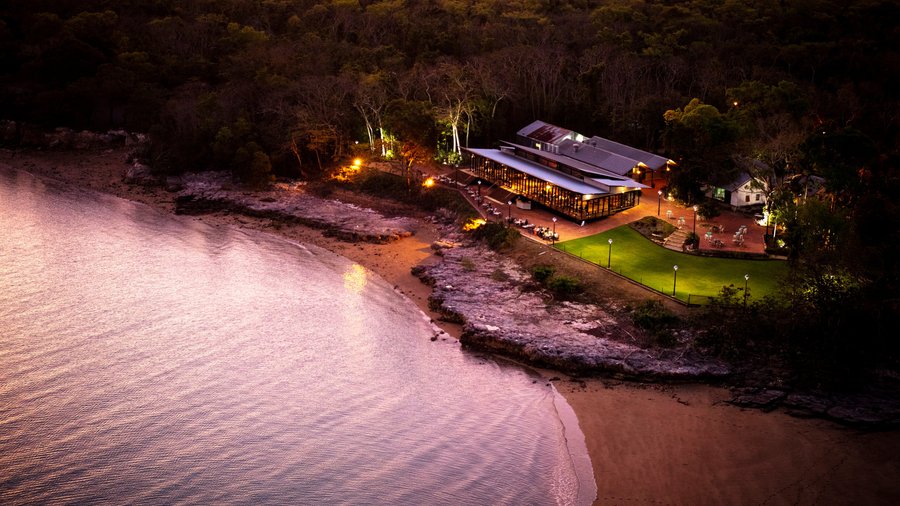 Aerial view of Pee Wee's at high tide at twilight