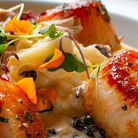 Sea Scallops with Cauliflower Risotto, Currants, Oyster Mushrooms, Vanilla Bean & Saffron Cream