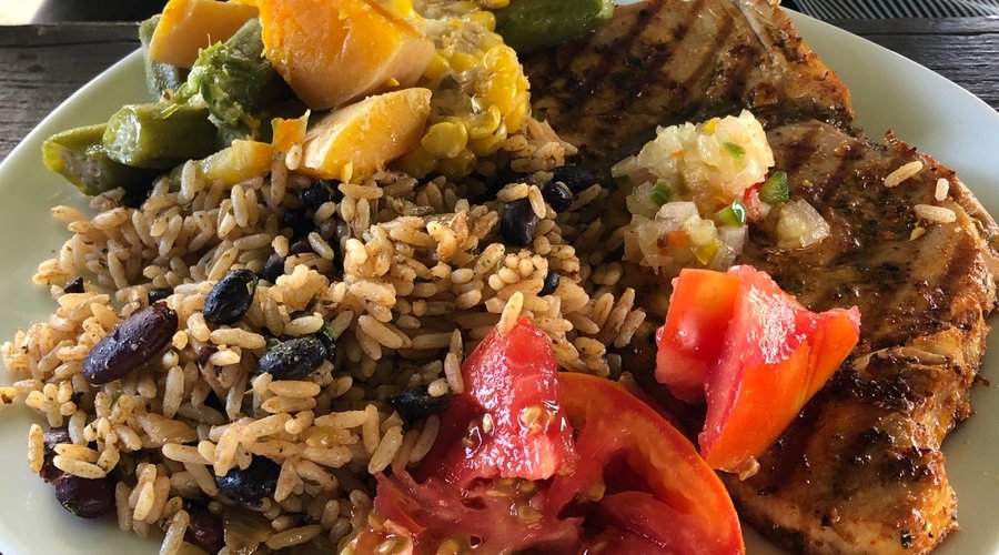 Grill fish with pineapple salsa black bean rice with kidney beans steam veg Sliced tomatoes