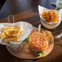 Burger, chips, salad and a spicy mayo. Side of real onion rings.