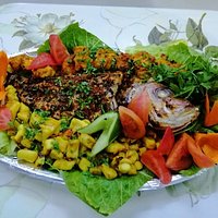 Grilled Fish with squid and prawns with salad
