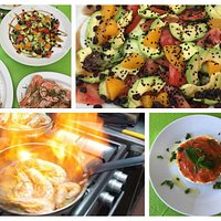 Avocado-orange salad, shrimps cooken in garlic, wine and rosemary
