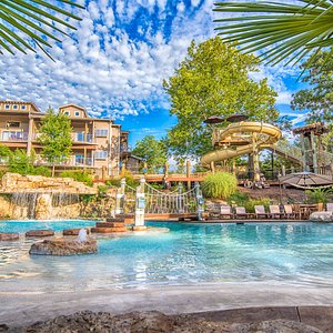 The beautiful Oasis Pool and Waterslide at Still Waters Lakefront Resort. 