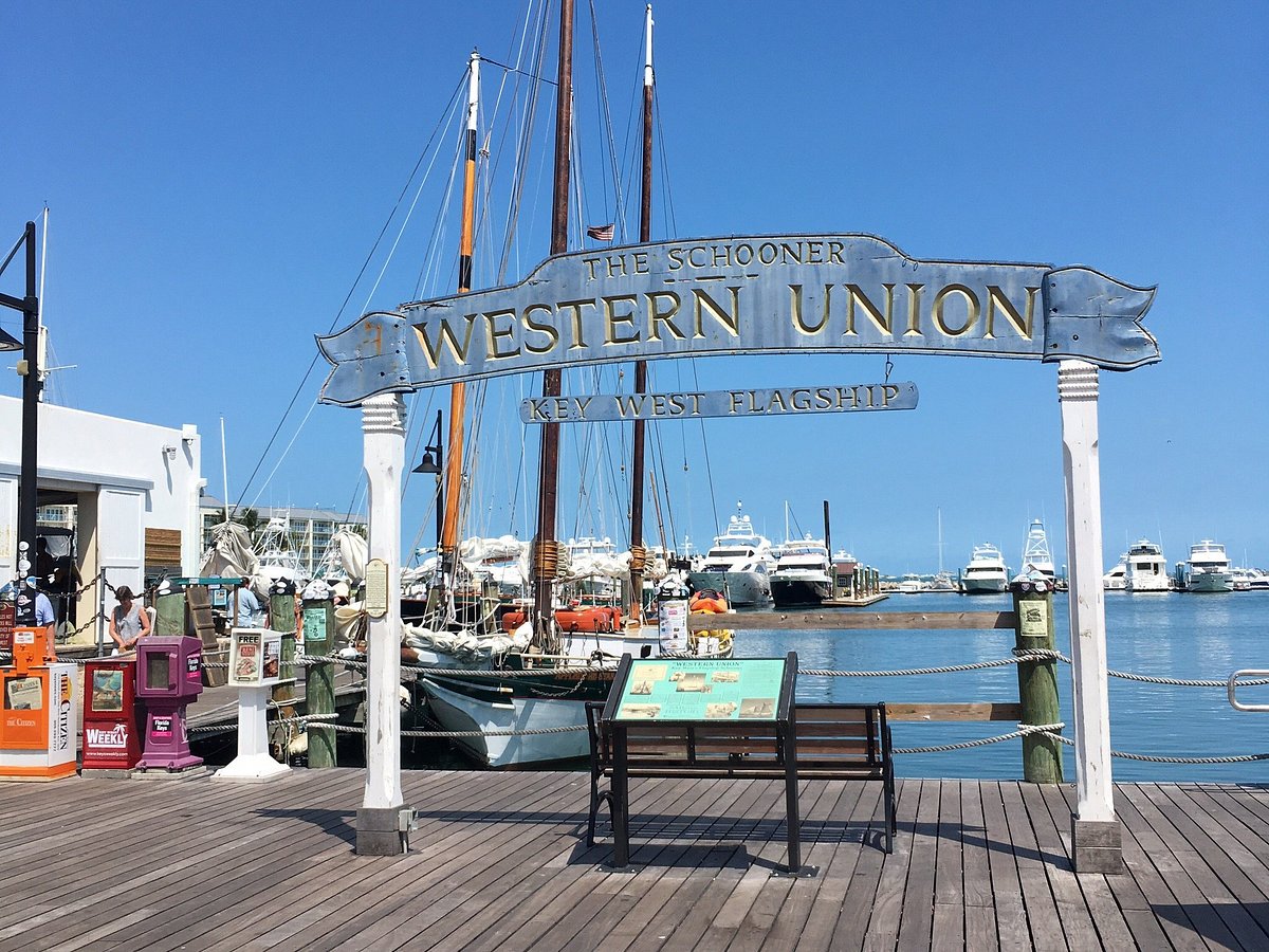 The Schooner Western Union sign and tall ship at the marina, Florida, USA.  Tourist reading information board Stock Photo - Alamy