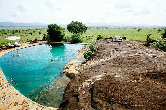 The swimming pool at Apoka Safari Lodge – deep and cool – has been carved out of the big rock.