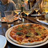 Coffee Pizza: Ricotta cheese, pepperoni, basil, honey, and coffee grounds. This was amazing!!!!