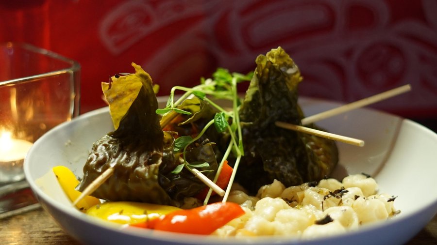Sockeye Wrapped in Haida Gwaii Kelp served on Bannock Dumplings 