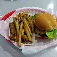 Cheese burger and hand cut fries.