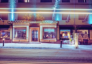 Arctic Light Hotel in Rovaniemi, image may contain: Lighting, Night, Nature, Urban