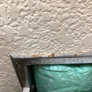 Toilet paper dispenser - rusted and filty.